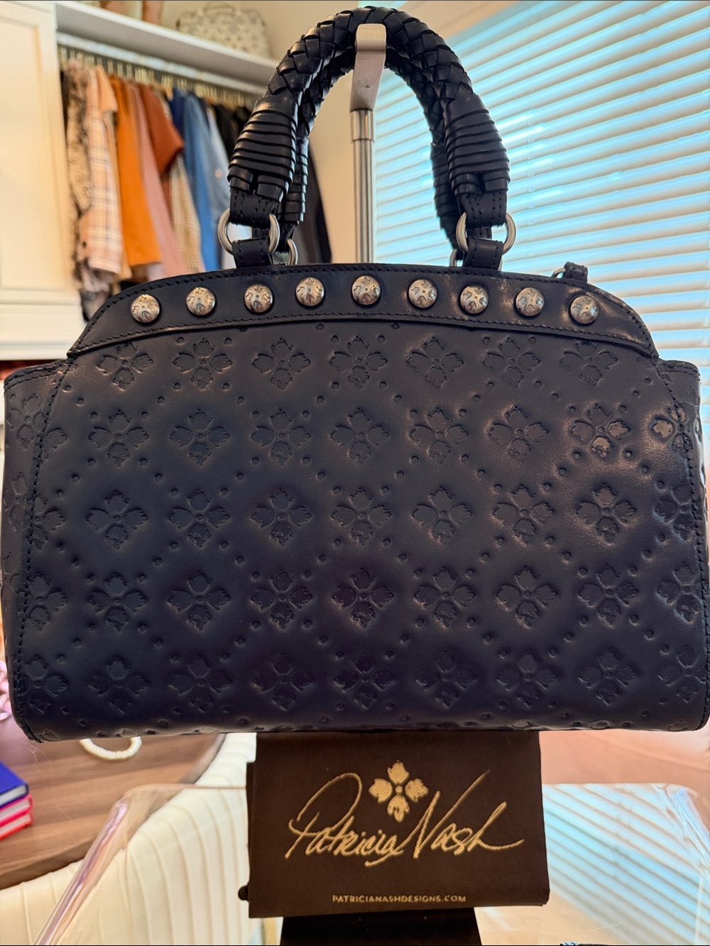 Patricia Nash Dark Navy Embossed Leather Satchel with Stud Accents